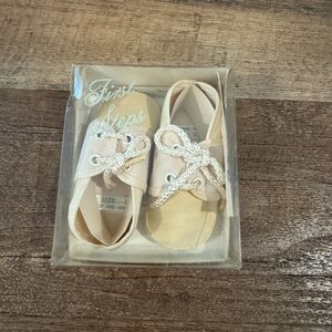 Vtg First Step Baby Shoes Soft Canvas Size 1 White/beige Braided Shoelaces Doll